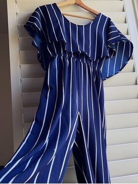 Rebellion Blue and White Striped Jumpsuit large